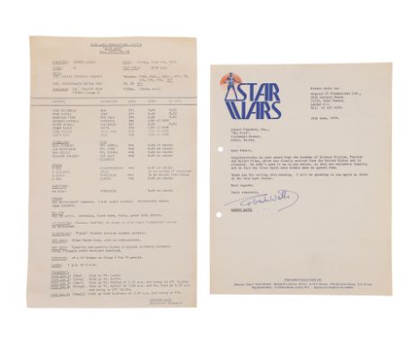 STAR WARS: A NEW HOPE (1977) - Call Sheet and LetterA call sheet and letter from the production of George Lucas' Star Wars: A