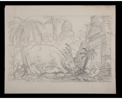 KING OF THE GENIIS (1973) - Hand-drawn Ray Harryhausen Concept Sketch of Charging StyracosaurusA concept sketch, hand-drawn c