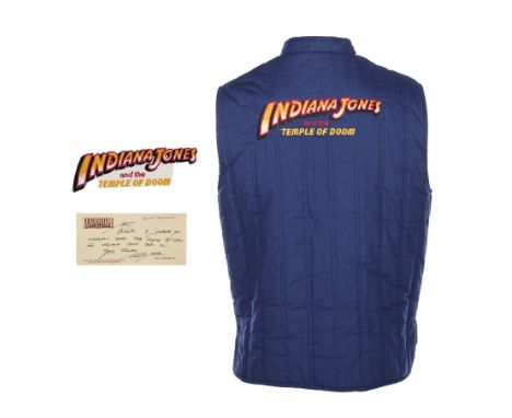 INDIANA JONES AND THE TEMPLE OF DOOM (1984) - Crew Gilet, Prototype Patch and Joanna Johnston-signed Compliments SlipA crew g