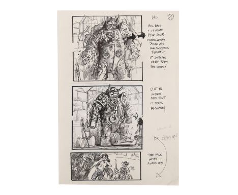 LABYRINTH (1986) - Martin Asbury Hand-drawn Pencil-and-ink Storyboard Sheet for Humongous Detatching From DoorA storyboard sh