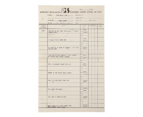 STAR WARS: A NEW HOPE (1977) - Anthony Daniels Collection: Electronic Looping System Cue Sheet with Pencil CorrectionsAn Elec