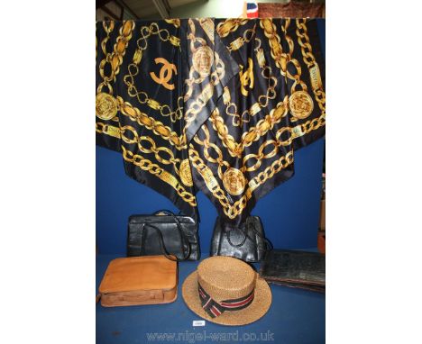 Two vintage leather handbags, a gent's grooming case and a straw boater