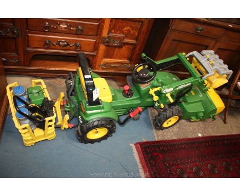A Rolly Xtrac John Deere ride-on Tractor with front loader with road sweeper and milk churn holder