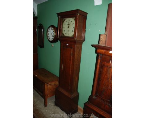 A Georgian Oak longcase Clock, cornice and turned columns to the hood, square painted face with Roman numerals and second han