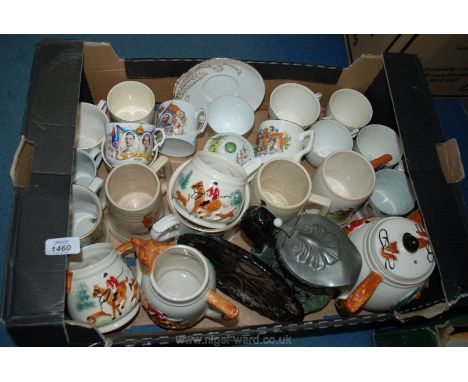 A quantity of commemorative and hunting theme mugs, cups, teapot, milk jug and a pewter lidded, ivy decorated jug, etc