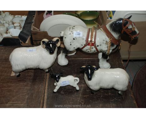 A Grey Dapple Shire Horse with harness and a Ram, Ewe and lamb in Melba style