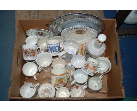 A box of commemorative china including mugs, plates, tray, Bells Scotch Whisky porcelain decanter (empty) Silver Jubilee King