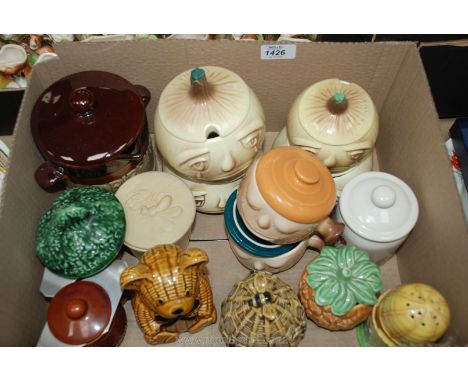 A box of Sylvac onion pots, scourer pots, a Royal Winton sugar sifter, a bear honey pot, a dripping jar and lid, etc