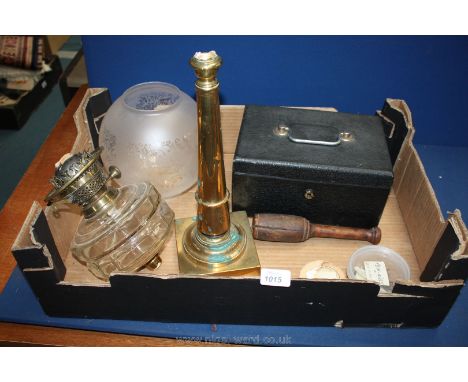 A steel jewellery Box with pen nibs and apothecaries weights, part scales, wooden fleam hammer and brass oil lamp in parts