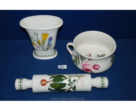 A Portmeirion ''Botanic Garden'' rolling pin, vase and a chamber pot