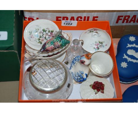 A small quantity of china including Crown Derby lidded pot, Spode pin dish, Crown Devon pin dish, Stuart crystal bell and ros