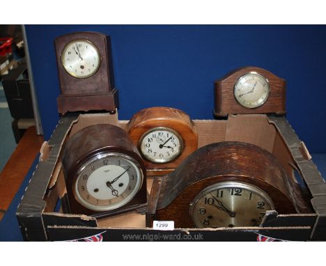 Five mantle Clocks to include Smiths Enfield bakelite, eight day mantle clock, etc