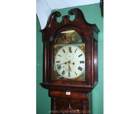 A 19th c. Mahogany cased Longcase Clock by F.J. Wild of Dundee, having swan pediment hood with turned columns, painted face w