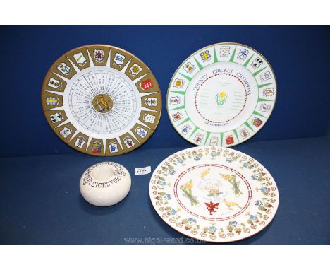 A ceramic Match holder/striker advertising Arthur G. Baseley's cigars, Leicester, two cricket commemorative plates and a rugb