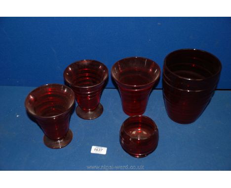 Five pieces of 1940's Powell Whitefriars ruby trailed glass