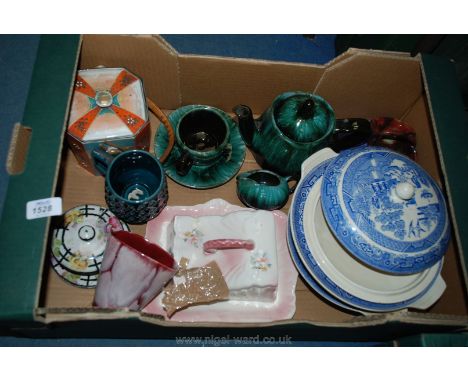 A box of miscellaneous china including blue and white vegetable dishes with lids, cheese dish, Blue Mountain teapot, cup and 