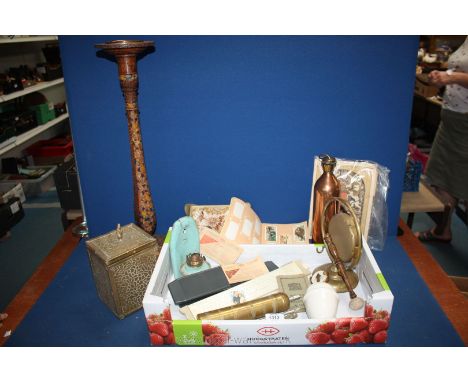 A quantity of miscellaneous including ceramic ceiling light, copper flask, wooden floral decorated tall ashtray, dinner gong,