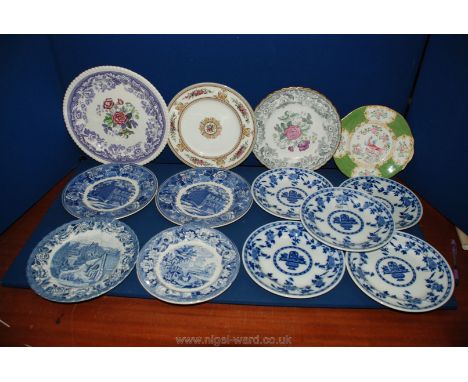 Five Mintons blue delft plates, Wedgwood plate, large Copeland Spode plate and other assorted plates, etc