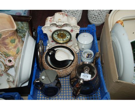 A quantity of china including silver coloured teapot, teapot stand and water jug, china clock, lidded pin pot, etc