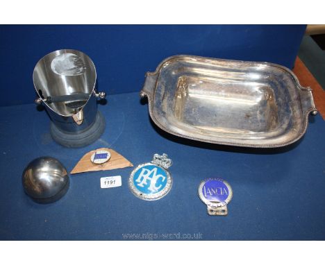 A silver plate dish, three car Badges - Lancia, RAC and XZ, a prayer book, George Jensen perpetual calendar, etc.