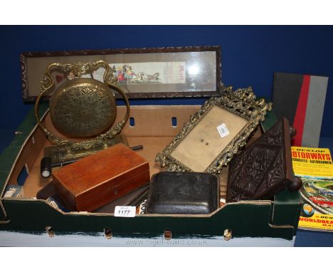 A quantity of miscellaneous including brass dinner gong, stationery wallet and contents, brass picture frames, framed bookmar