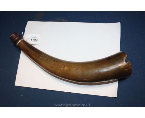 A very interesting cow horn bugle/Powder horn with inscribed decoration K D G III and a verse "May the Coward never wear a re