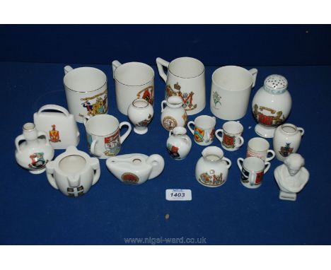 A quantity of Goss marked crested ware including tygs, miniature transfer printed mug, sugar shaker, etc (approx 20 pieces)