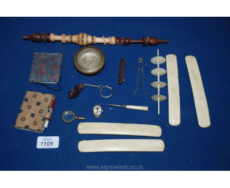 Four 18th-19th century bone stays, presumably from a corset, a tunbridgeware bar brooch and an antique yellow metal tuning fo