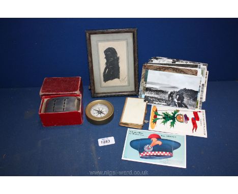A cased Lloyds Bank Savings bank, a brass mounted compass, an ink sketch signed Baron Scott