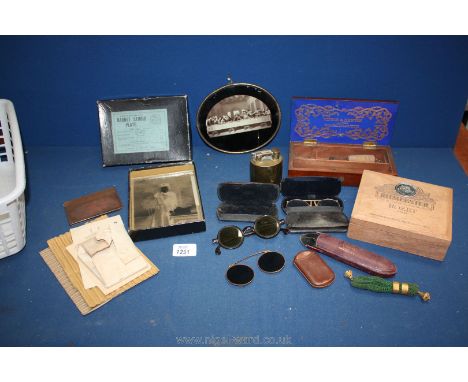 A box of miscellanea including small Mahogany Windsor & Newton box, old spectacles, trench art lighter, etc.