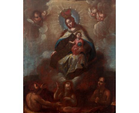 Attributed to Miguel Cabrera (Antequera de Oaxaca, Mexico, 1715 / 1720 - Mexico, 1768)"Virgin of Carmen and the souls in purg