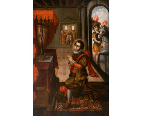 Attributed to Marcos Zapata Inca (Cuzco, Peru, circa 1710 - 1773)"The Conversion of Saint Francis".Oil on canvas.156 x 124 cm