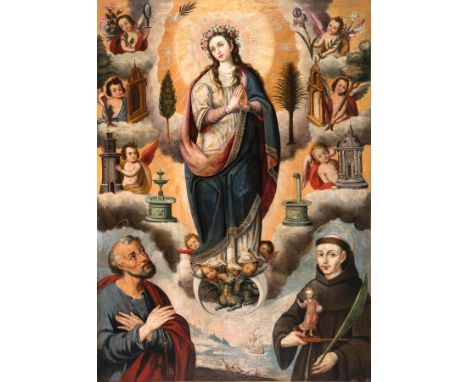 Vicerregal School. Cuzco. Peru. 18th century.“Our Lady Immaculate and Pure, with some of the Litanies of Loreto"Oil on canvas