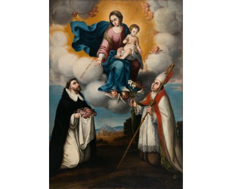 Novohispanic School. Mexico. 17th - 18th Century."Apparition of the Virgin and her Son to St. Dominic de Guzman and St. Louis