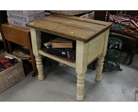 Vintage Industrial type Pine Work Table with heavy top and pot shelf beneath 