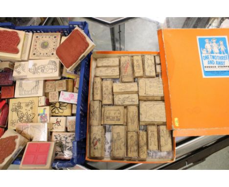 Collection of wooden and rubber art stamps, to include vintage One, Two, Three &amp; Away Rubber Stamp Set etc 