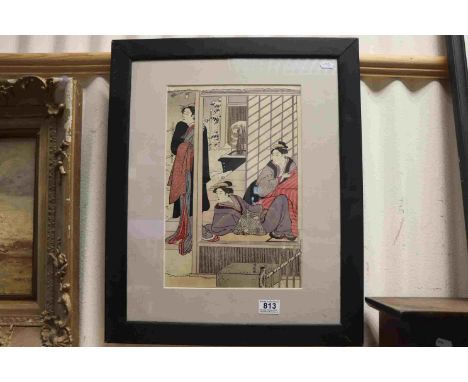 Torii Kiyonaga, a signed, framed Japanese woodblock print, Geishas in a Winter scene in New Yoshiwara 