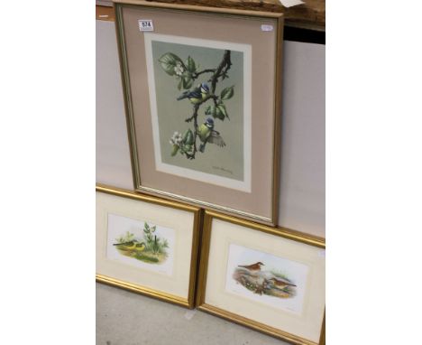 Edwin Penny 1930-2016, a signed limited edition print, Blue Tits on a Branch 44/75, together with two further prints, Wagtail