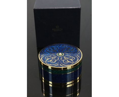 A Mikimoto decorative enamel trinket box with pearl set to lid, with original box. 