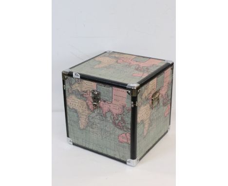Contemporary Trunk / Storage Box decorated with antique style maps of the the world, 38cms high x 38cms wide 