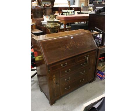 19th century Marquetry Inlaid Mahogany and Cross-banded Bureau, with fitted interior and two short over three long drawers, r