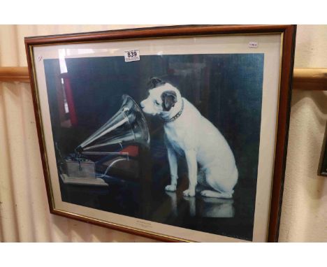 Large framed and glazed His Master's Voice 'Nipper' print, from EMI Hayes before closure, signed Francis Barraud, approx 67cm
