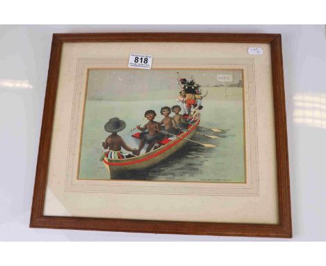 Children's print illustration of native tribesmen in row boat 1896 