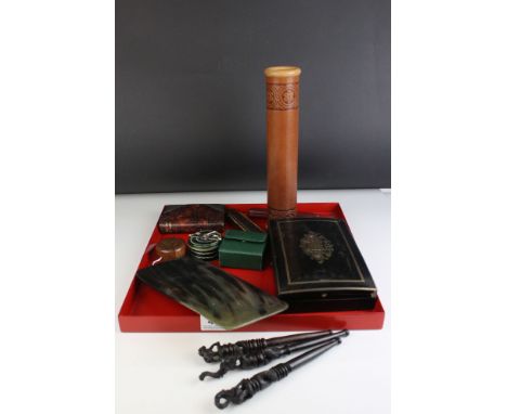 Mixed Lot including Kaleidoscope, Black Lacquered Pen Box, Two Cased Cheroot Holders, Hip Flask in the form of a Book, etc 
