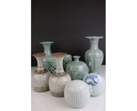 A pair of Oriental goblets together with a year of the Dog decorated plaque with stand together with Celadon Korean vases etc