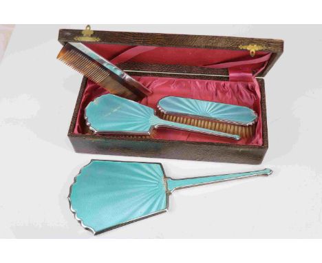 A fully hallmarked sterling silver mirror and brush set with guilloche enamel decoration (A/F). 