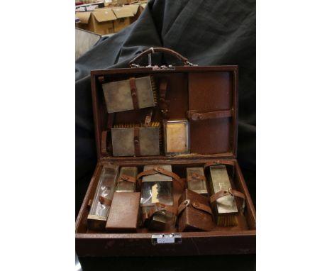 1930's Travelling Dressing Case fitted with Three Silver Backed Engine Turned Brushes and Five Silver Engine Turned and Glass