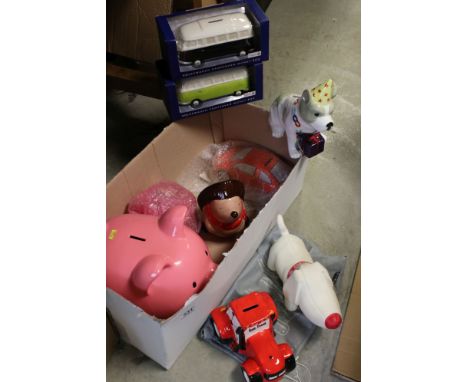 Collection of moneyboxes, to include boxed VW Camper van, tractor etc 