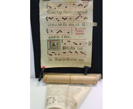 A Medieval Vellum music manuscript together with an antique map of Ireland. 