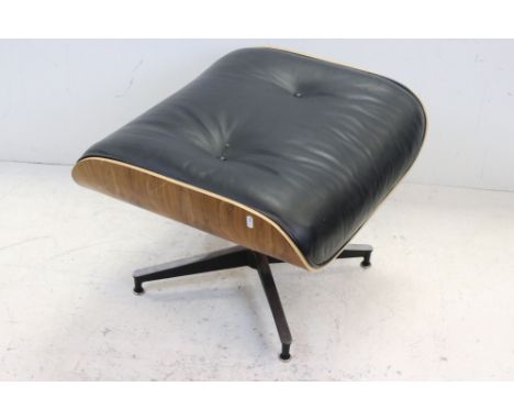 In the manner of Charles &amp; Ray Eames - Black Leather and Bentwood Lounge Stool (model 671 style), raised on chrome swivel